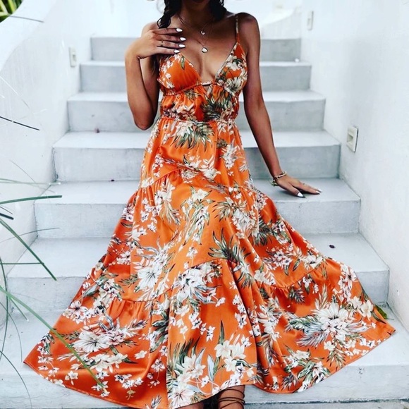 🧡 NWOT BOUTIQUE STYLE SLINKY SILKY ASIAN HAWAIIAN ORANGE FLORAL MAXI DRESS - Picture 2 of 8